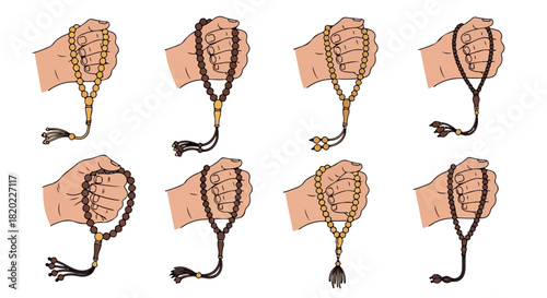 Hands holding prayer beads with transparent background