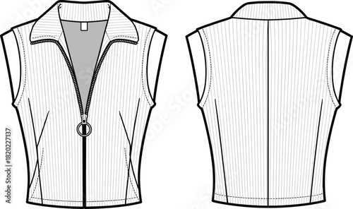 Sleeveless zip-front vest CAD drawing, technical flat vector illustration with collar, striped fabric detailing, fashion design template for apparel production.