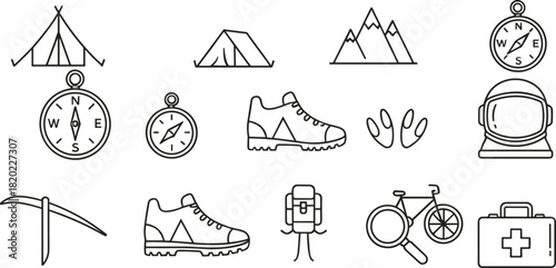 Collection of black outline icons for camping hiking and exploration