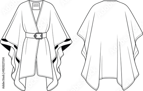 Fashion poncho kimono with belt, detailed technical flat sketch, vector garment CAD drawing for apparel design, front and back illustration