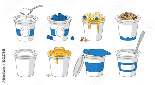 Yogurt containers with fruit and toppings
