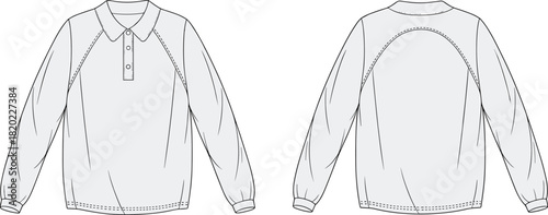 Long-sleeve pullover shirt technical flat sketch, raglan sleeve fashion CAD drawing, garment design illustration template for apparel detailing accuracy