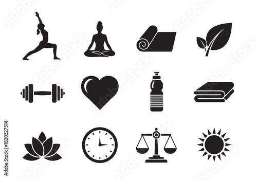 Brutalist Flexibility Icons. Flexibility silhouette icon set: yoga pose, stretching person, mat, leaf, dumbbell, heart, water bottle, towel, lotus flower, clock, balance icon, sun.