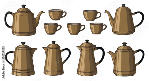 Teapots and cups set in brown color