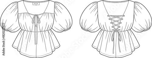 Peasant blouse top fashion sketch with puff sleeves, lace-up back and tie front, garment technical flat, CAD drawing flat vector illustration