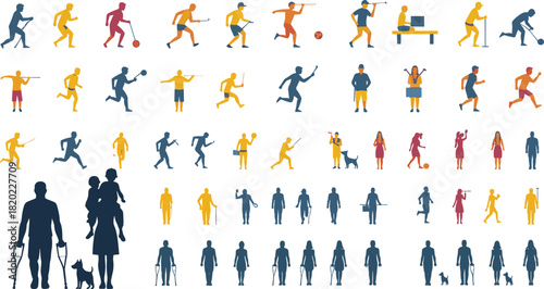Collection of colorful silhouette figures engaged in various sports activities and daily life