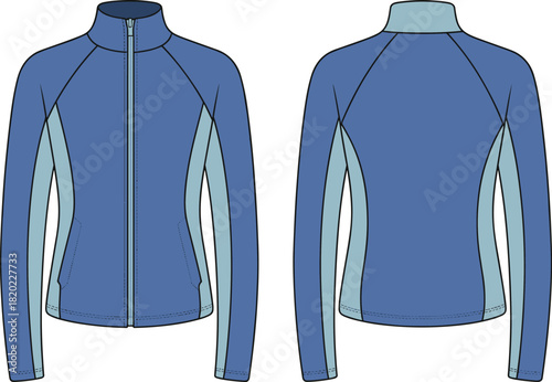 Cad drawing flat vector illustration, athletic zip jacket technical sketch, sportswear garment template, fashion design flat, detailed outerwear blueprint