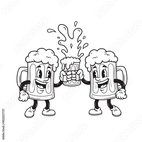 Two cheerful cartoon beer mugs with happy faces toast a smaller splashing beer glass, celebrating a fun moment, isolated on white background
