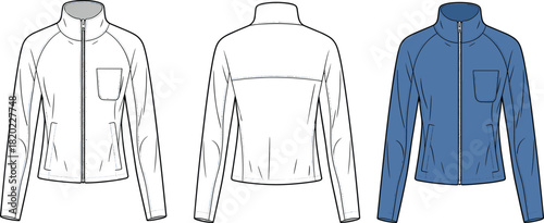 Cad drawing flat vector illustration, zip jacket technical sketch, fashion garment template, outerwear design flat, detailed apparel blueprint model