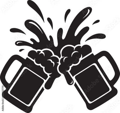 Two beer mugs clinking together with a dynamic splash of frothy beer, symbolizing celebration, toast, and good times, isolated on white background