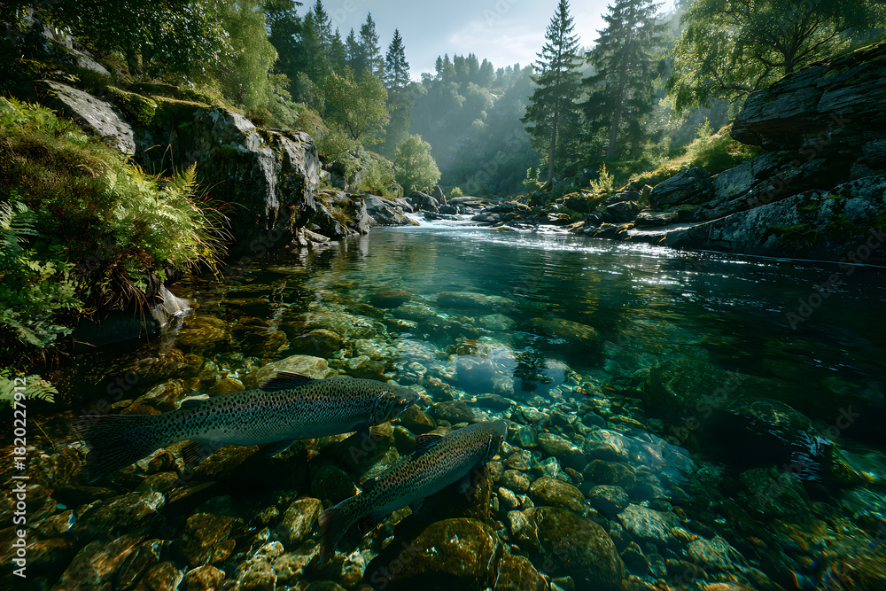 Obraz premium Salmon swimming against river current. Norway, Stavanger region, Rogaland, Ryfylke scenic route. Salmon in these rivers is a very significant part of the worldwide stock of Atlantic salmon.