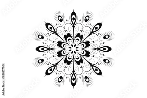 Detailed Black Snowflake-like Mandala with Peacock Feather Elements on White Background vector illustration