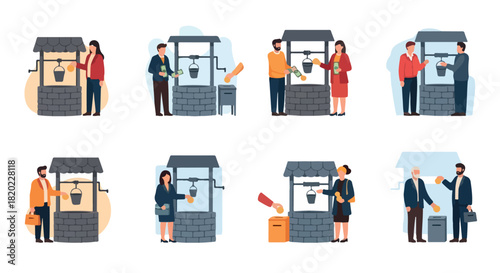 Wishing well with people throwing coins