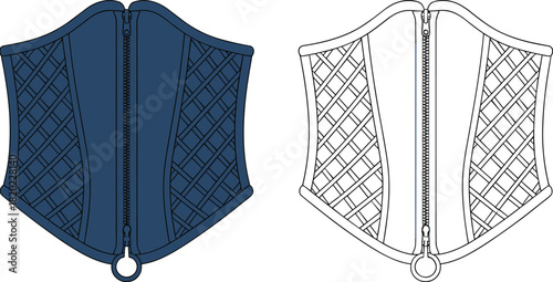 Corset vest technical flat sketch with zipper, vector fashion CAD drawing, detailed garment construction illustration, apparel design blueprint