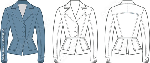 Cad drawing flat vector illustration, tailored women’s blazer jacket template, structured peplum coat design, technical fashion sketch for apparel production