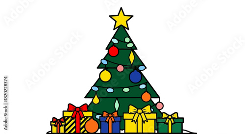 Festive christmas tree illustration with gifts awaiting celebration