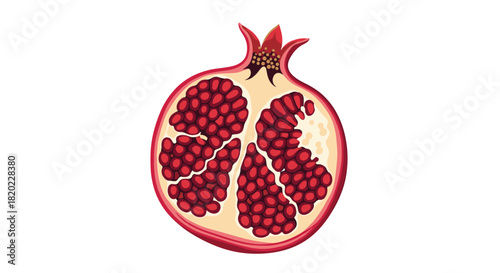 Vibrant illustration of a fresh pomegranate fruit cut in half, revealing its juicy red arils and pale internal membranes, isolated on a white background.