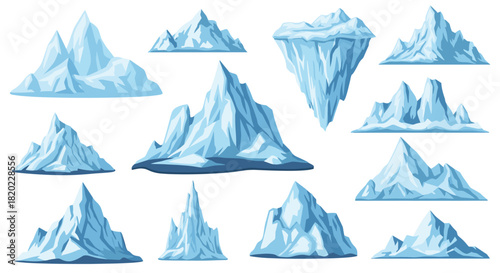 A collection of diverse and stylized icebergs, glaciers, and snowy mountains representing cold arctic landscapes and winter elements.