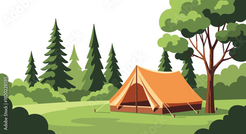 A cozy orange tent stands in a sunlit green clearing, surrounded by a lush forest of tall pine trees and dense bushes, depicting a tranquil camping scene in nature.