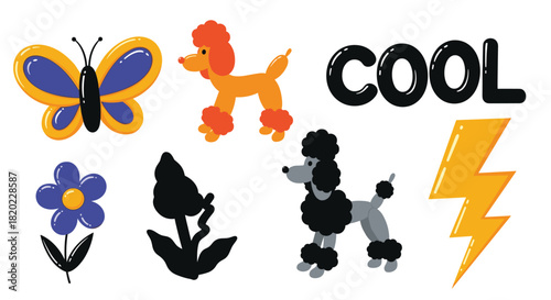 A collection of playful and trendy illustrations featuring a butterfly, two poodles, a flower, a lightning bolt, and the word COOL.