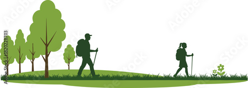 Silhouette of hikers with backpacks and trekking poles walking through a green landscape with trees and grass