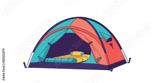 A vibrant illustration of an open dome tent with a sleeping bag and pillow inside, perfect for outdoor camping and adventure.