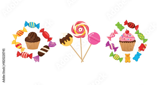 A vibrant collection of assorted wrapped candies, colorful lollipops, and delicious cupcakes, perfect for sweet treats and celebrations.