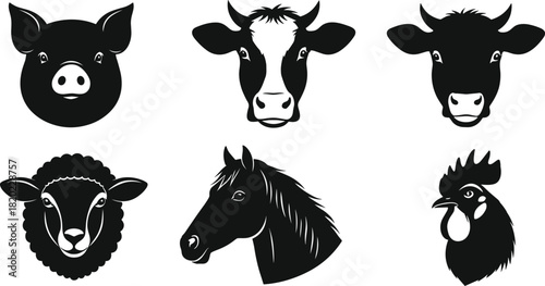 Six black silhouette farm animal heads pig cow sheep horse rooster on white background