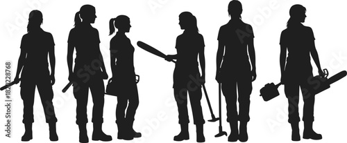 Six female silhouettes holding tools and weapons including baseball bat chainsaw and shovel