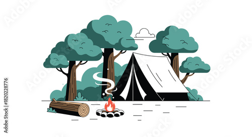 A stylized outdoor camping scene features a white tent nestled among tall trees, with a cozy campfire crackling nearby, complete with a log for seating.
