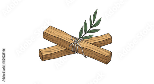 Bundle of aromatic palo santo wood sticks with a green leaf sprig, often used for smudging and spiritual cleansing rituals.