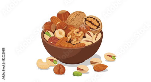 A delightful and healthy mix of various nuts, including walnuts, almonds, hazelnuts, pistachios, and cashews, presented in a brown bowl on white.