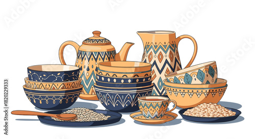 Traditional ceramic dinnerware set featuring intricate blue and gold folk-inspired patterns on bowls, teapot, pitcher, and cup, with grains.