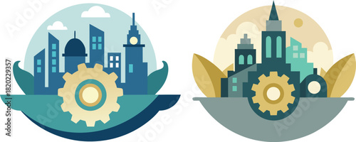 Tiny Steampunk City Powered by Interlocking Gears Floating Beneath the Waves in a Surreal Mechanical Sea Landscape – Miniature Clockwork Metropolis Imagery with Nautical Brass Machinery Elements