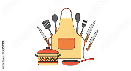 A colorful collection of essential kitchen utensils, cooking pots, pans, and a chef's apron, ready for meal preparation.