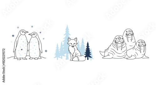 A collection of cute minimalist illustrations featuring arctic animals like penguins, a fox, and walruses in a winter setting with trees and snow.