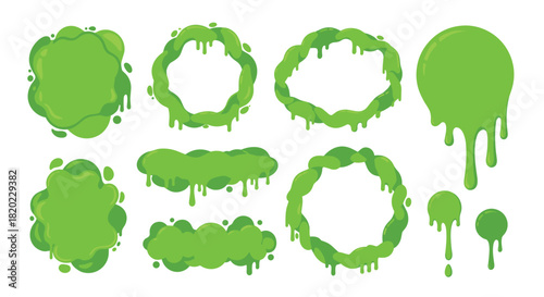A collection of vibrant green slime shapes, dripping goo, and decorative liquid borders perfect for spooky, playful, or abstract designs.