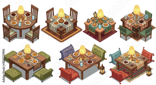 Dining room setups with tables and chairs