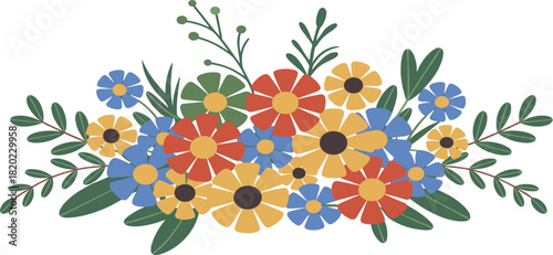 Colorful floral bouquet vector, stylized decorative flower arrangement, spring wedding, nature, and organic illustration