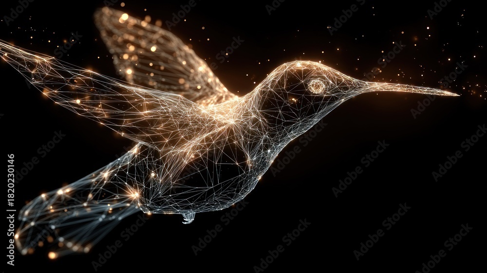 Naklejka premium A glowing, wireframe hummingbird with sparkling wings and a glowing beak, set against a dark background with a few scattered lights.