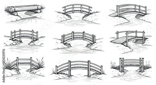Wooden bridges over streams in various perspectives
