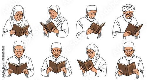 Elderly people reading books with transparent background