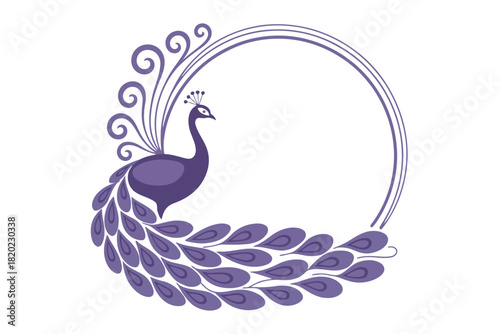 Purple Peacock With Elaborate Tail Forming A Circular Frame On White Background silhouette bird