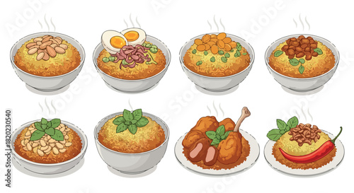 Various bowls of nasi goreng with different toppings