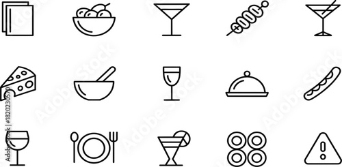 Food, drink, and restaurant line icons set, menu, cocktails, cheese, hot dog, and fine dining graphic