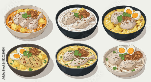 Noodle soup bowls with various toppings