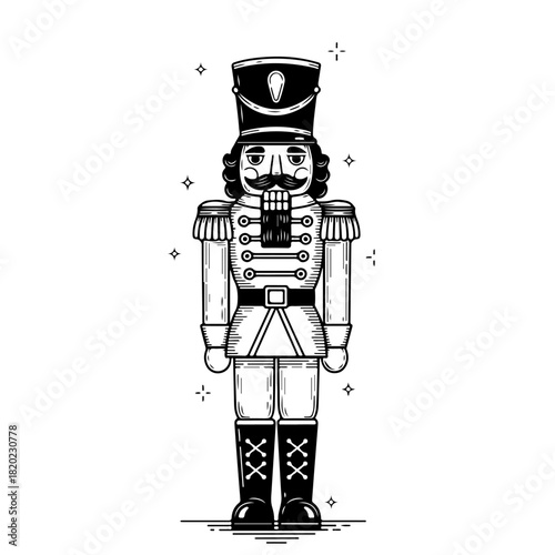 A black and white line art illustration of a classic Christmas nutcracker soldier standing at attention.