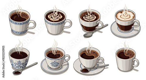 Coffee cups collection with various toppings