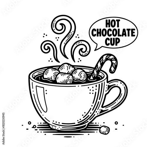 A hand-drawn black and white illustration of a steaming mug of hot chocolate with marshmallows and a candy cane.