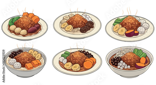Asian rice dishes with various toppings